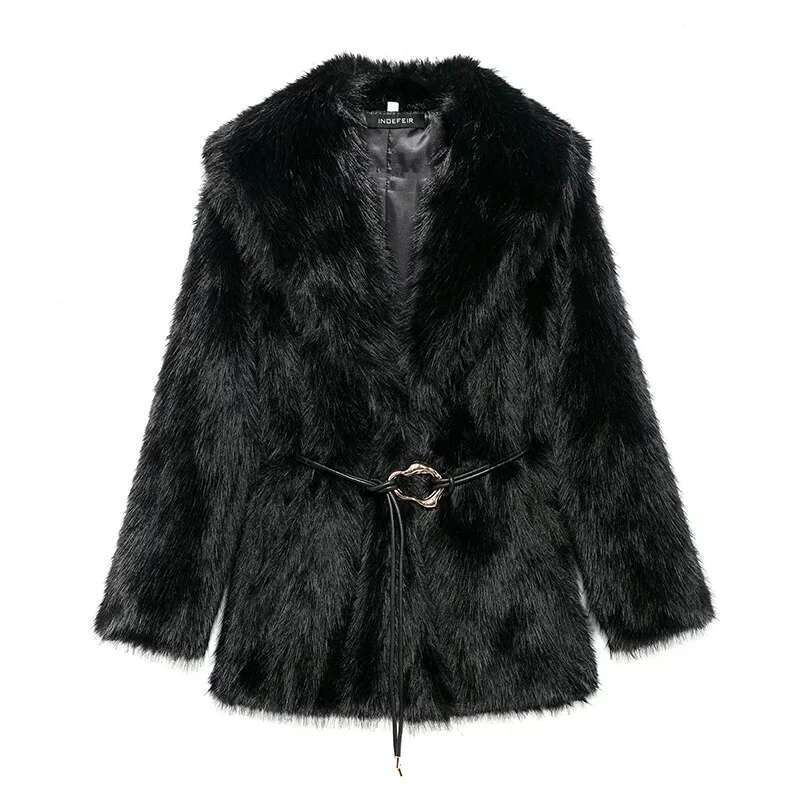 Fluffy Faux Fur Coat With Belt For Women Warm Elegant Loose Long Sleeve Jacket Female Thick Lady High Street Outerwear