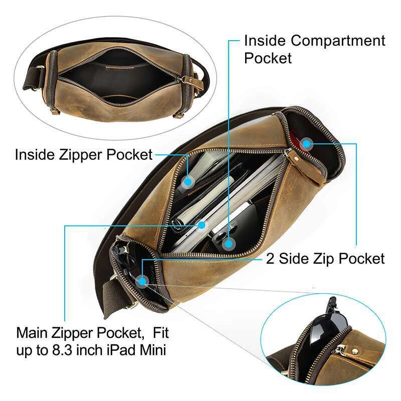 Crazy Horse Leather Men Handbag Designer Vintage Crossbody Small Strap Sling Shoulder Bag Brand Messenger Bags New