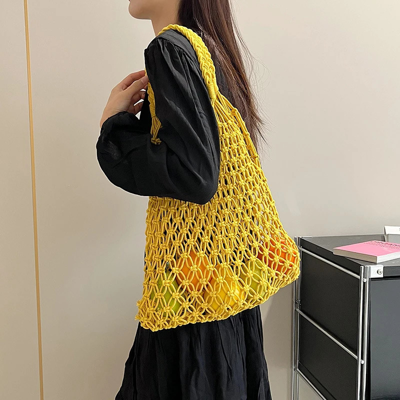 Solid Color Woven Shoulder Bag Summer Womens Hollow Out Versatile Vacation Bag Handmade Mesh Bag 250515