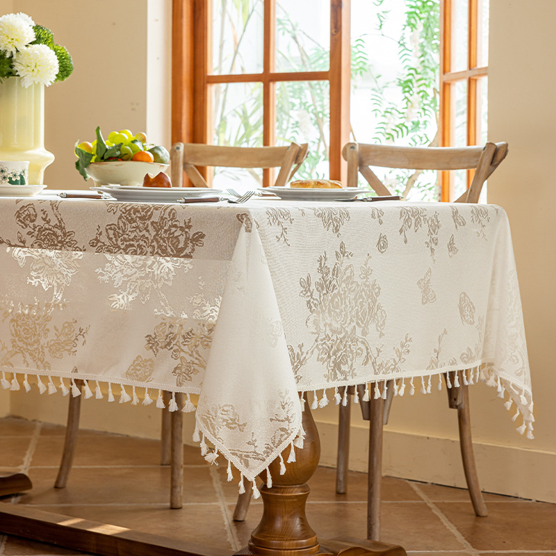 A756 French light luxury tassel jacquard tablecloth polyester hollow restaurant dustproof tablecloth rectangular mesh cover cloth wholesale
