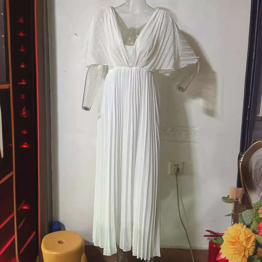 White Dress Maxi Dress 2023 Autumn New Style Solid V-Neck Bat Sleeves High Waist Dress KQ