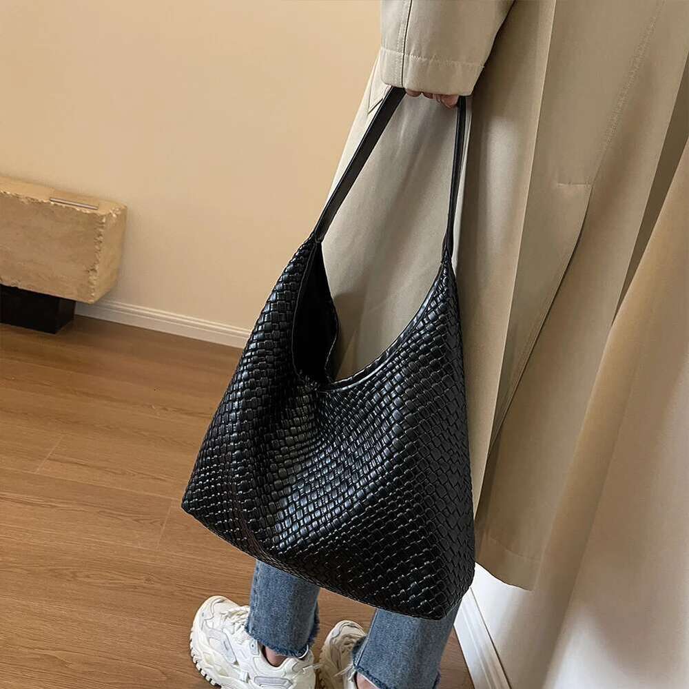 Women Large Shoulder with Pouch Top Handle Trendy PU Woven Tote Leather Armpit Handbag Commuting Bag