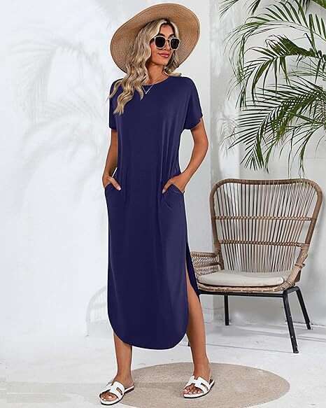 White Dress Maxi Dress Women's Short Sleeved Ultra Dress Round Neck, Casual Loose Slit, Long Summer Beach Shirt With Pockets KQ