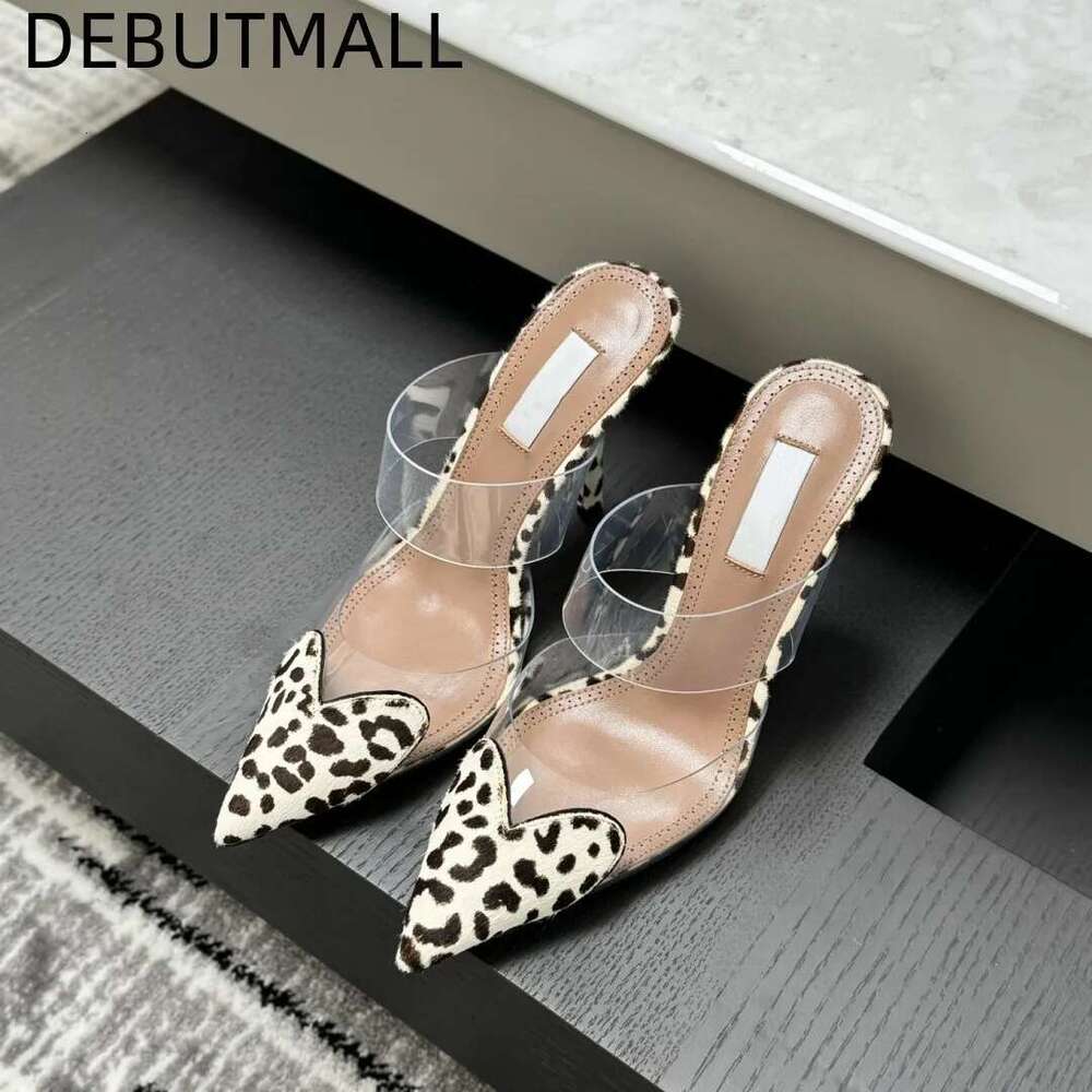 Real leather transparent toe cap sandals for women with slim heels, spring and summer new style French heart-shaped pointed high
