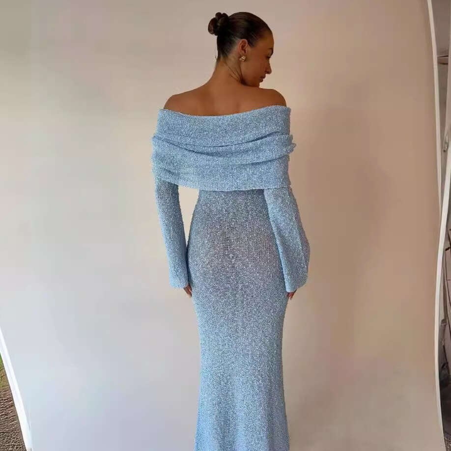 White Dress Maxi Dress 5-Color Beach Vacation Sexy With Knitted Hollow Out One Line Collar Long Dress Cover Up For Summer Women KQ