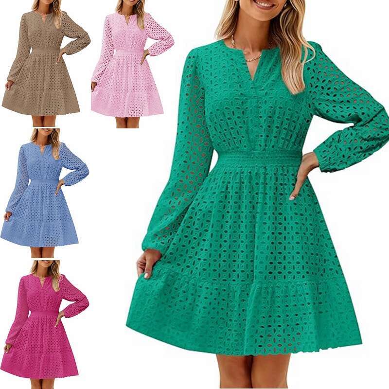 White Dress Maxi Dress 2024 Women's V-Neck Hollowed Out Eyelets Embroidered Pleated Long Sleeved Dress KQ