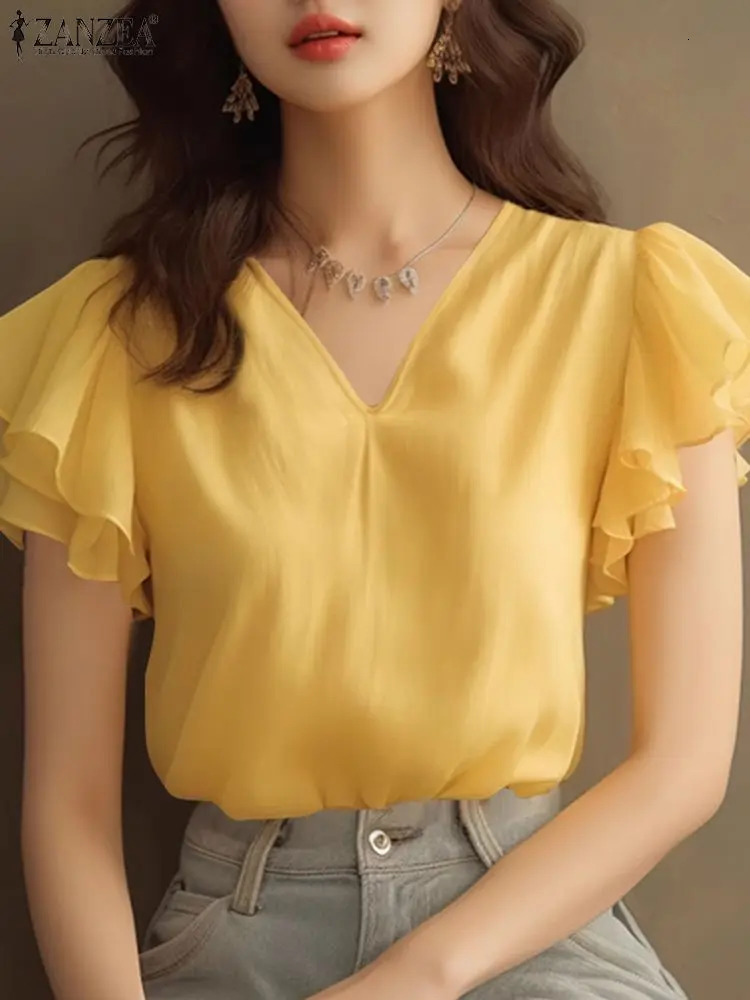 ZANZEA Vintage Women Party Blouse Elegant Ruffle Sleeve V-nekc Tops Korean Fashion Solid Shirt Tunic Summer Loose Blusas 250514