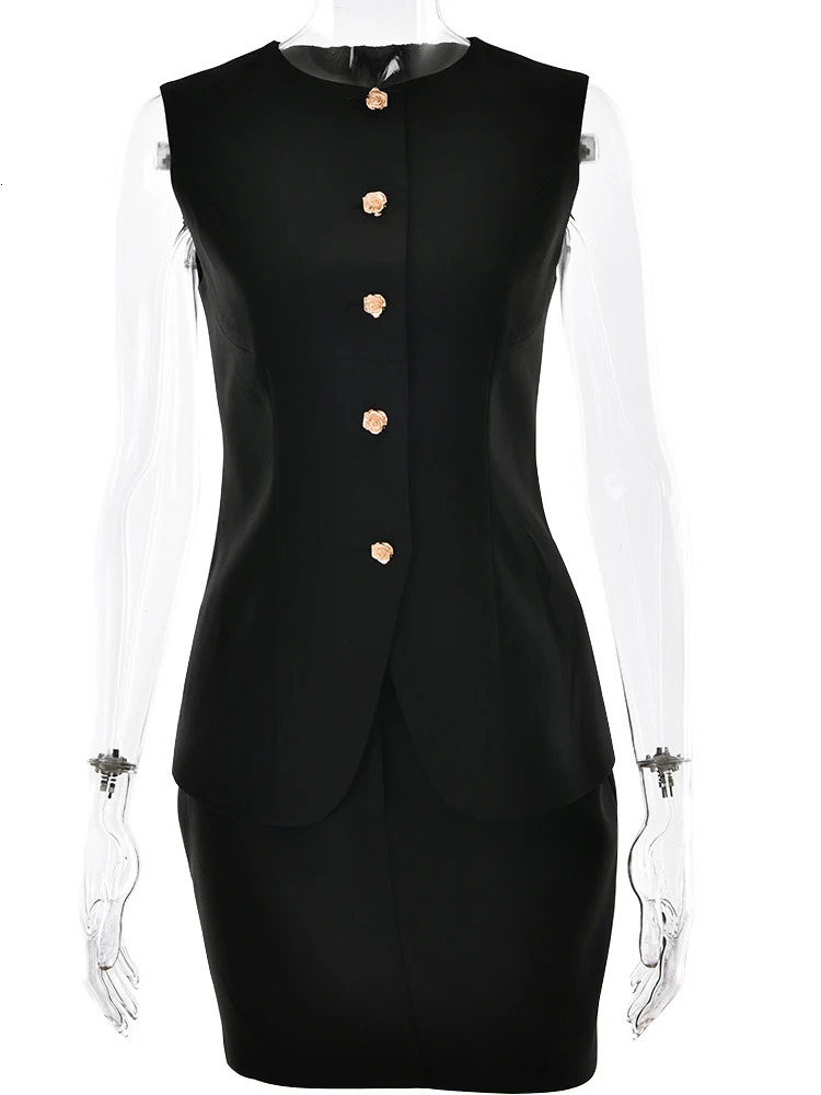 JULISSA MO Round Neck Single Breasted 2 Piece Sets Women Blazer Suit White Sleeveless Top Mini Skirt Summer Elegant Office 250515