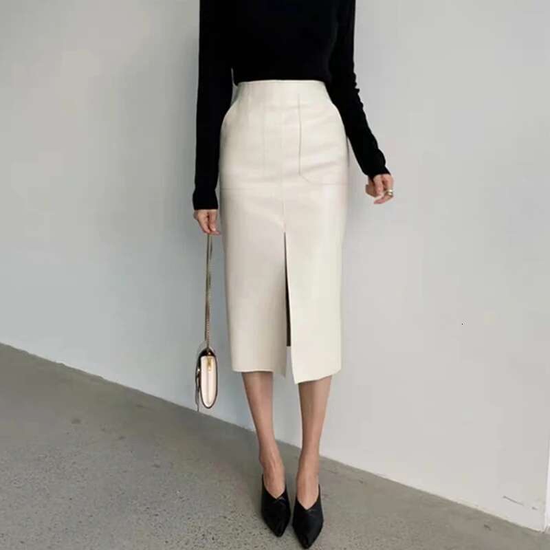 Slim Straight Faux Leather Skirts Women Spring New Package Hip Long PU Jupe Chic Split Designed Fashion Solid Mujer Faldas