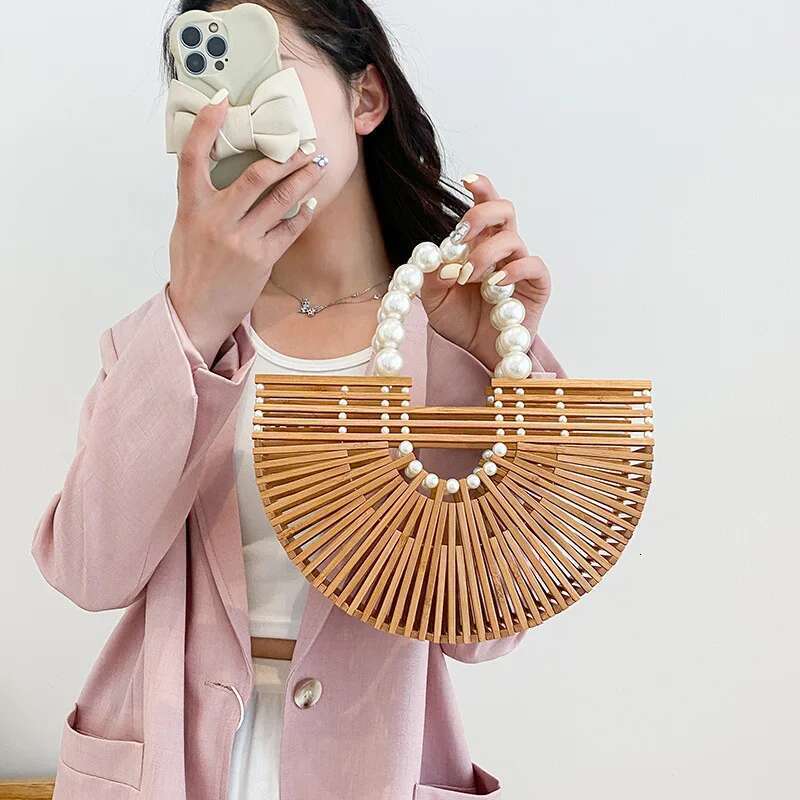 Semicircle Bamboo Designer Shoulder Summer Beach Pearl Handle Women Shopping Handbag Rattan Tote Bag Purse