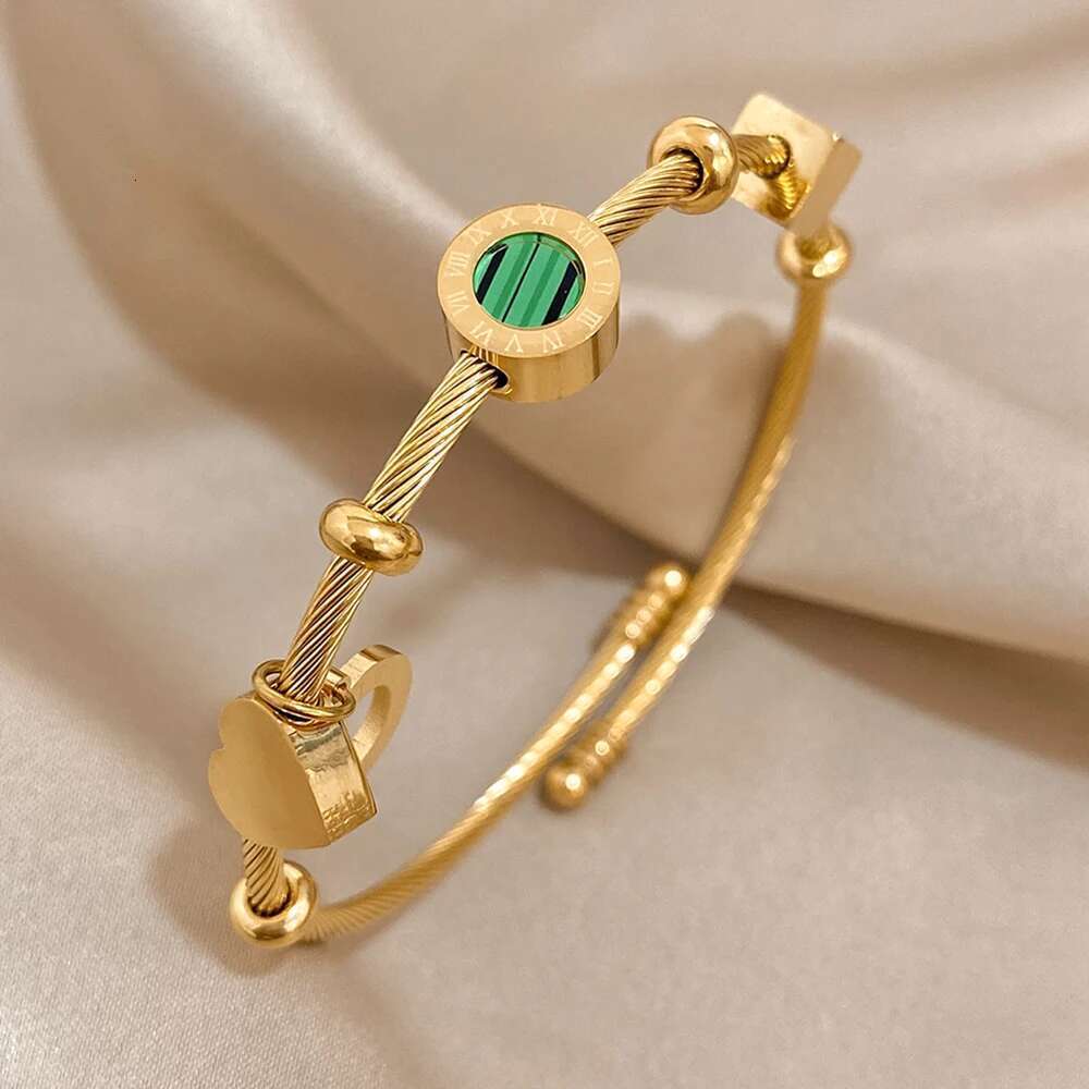 AENSOA 316L Stainless Steel Malachite Roman Letters Charm Bangles Bracelets For Women Gold Color Waterproof Wrist Jewelry Gift
