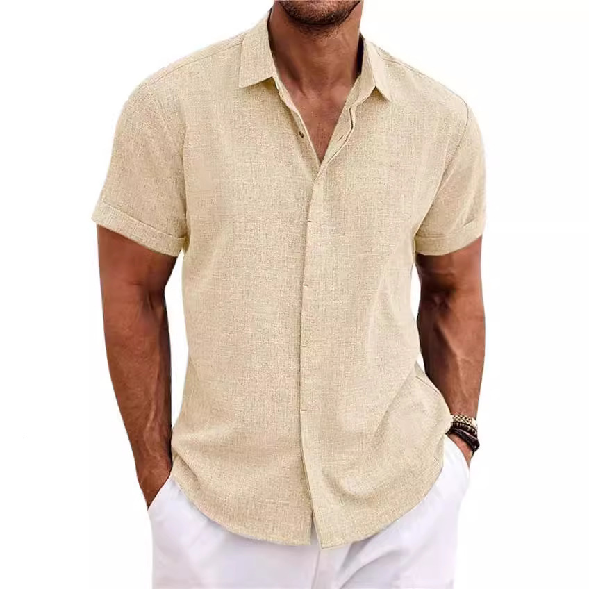 2025 Spring And Summer New Men's Double Breasted Designer Design Cotton And Hemp Cardigan High Quality Solid Color Short Sleeve Shirt