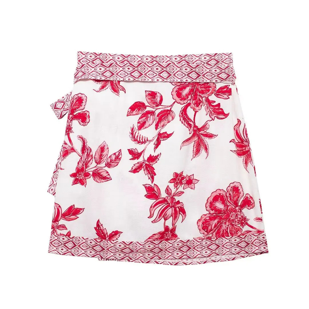 Zevity Women Vintage Red Totem Floral Print Lace Up Wrapped Mini Sarong Skirt Skirts Casual Slim Dresses QUN9182 250515
