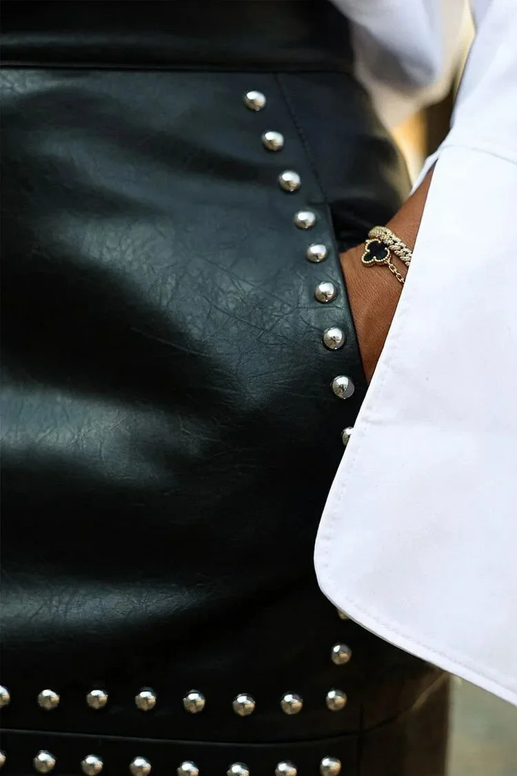 Fashion Women Plus Size Skirt Faux Leather Studded Split High Waist Slim Streetwear Casual Beade 250514