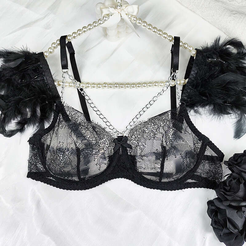 Patent Leather Sexy Lingerie Feather Lace Metal Chain Sexy Bow Perspective Bra Erotic Lingerie Set KQ