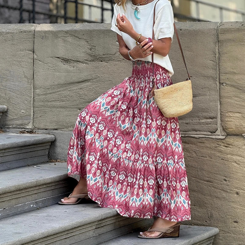 Womens Elegant Pattern Print Loose ALine Skirt Summer Casual Pleated Long Party Fashion Elastic Waist Big Swing Half 250515