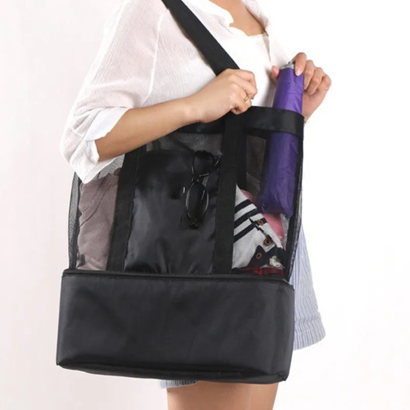 High Capacity Women Mesh Transparent Bag Double-layer Heat Preservation Large Picnic Beach Bags Tote Office Lunch Snacks Bag 250515