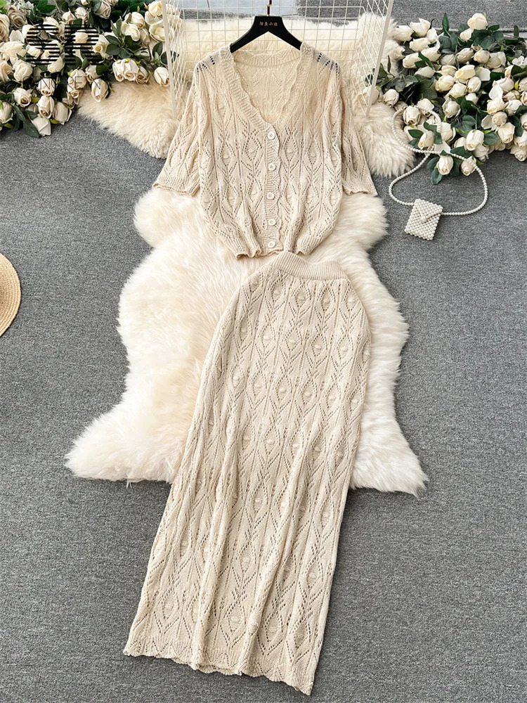 SINGREINY Casual Vacation Two Piece Set Women Hook Hollow Out V Neck Top Elastic Waist Long Skirt Ladies Summer Korean Suit 250515