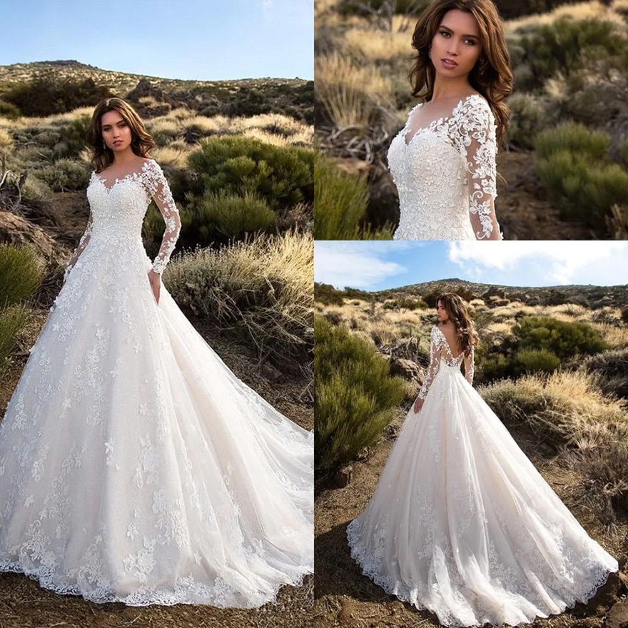 Modest Arabic Dubai Lace Wedding Dresses 2025 Appliques V-neck Long Sleeves Bride Wedding Gowns Vestido De Novia