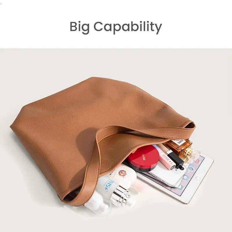 Simple Tote For Women Men Soft Leather Large Capacity Travel Shoulder Purse With Canvas Storage Bag