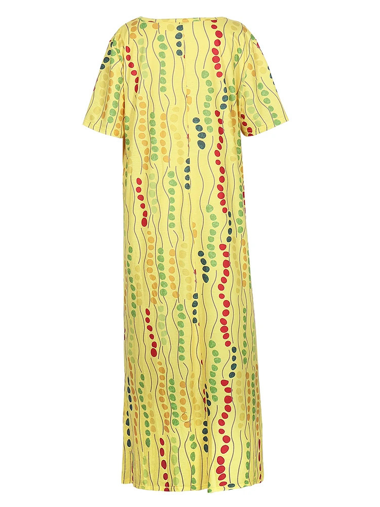 Plus size 5XL yellow long dress for womens summer 2025 polka dot printed short sleeved Aline fashionable casual bohemian 250506