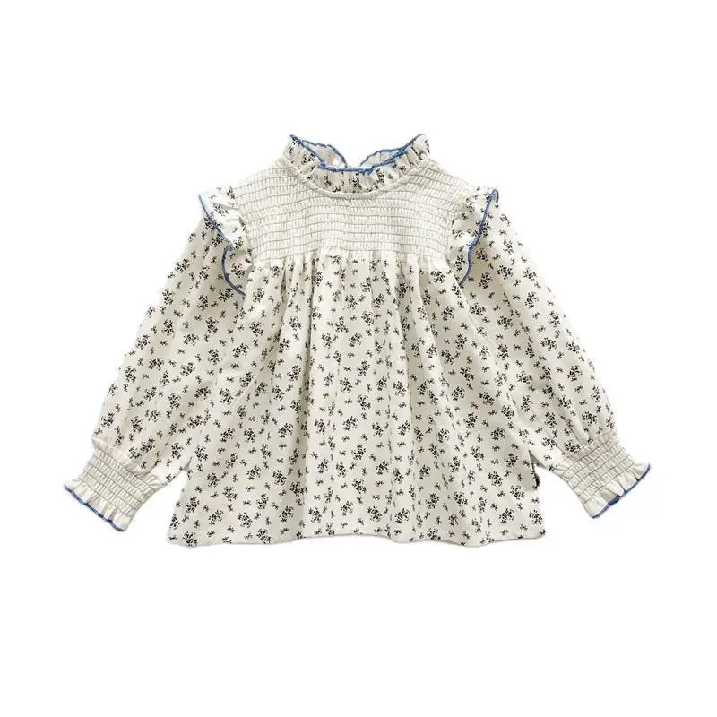 2-8Y Ins Spring Girls Blouses Lace Collar Fragmented Flower Infant Girls T-shirts Long Sleeve Loose Toddler Girls Peter Pan Top 250515