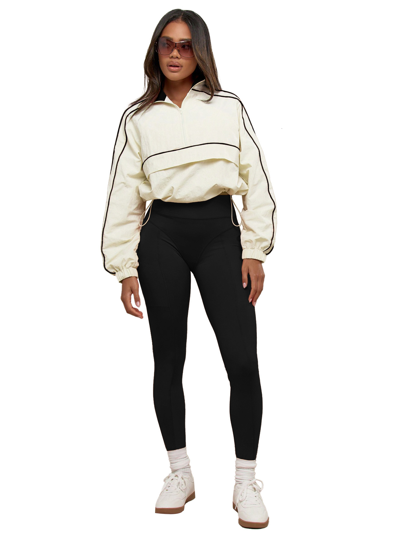 HR25081 Fashion Womens Drawstring Waist Nylon Top Yoga Pants Sports and Leisure Two Piece Set