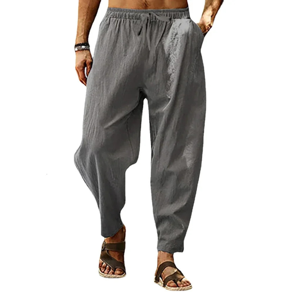 Summer Mens Breathable Pants Cotton and Linen Male Solid Color Versatile BasicTrousers Loose Fitness Causal Plus Size 250515
