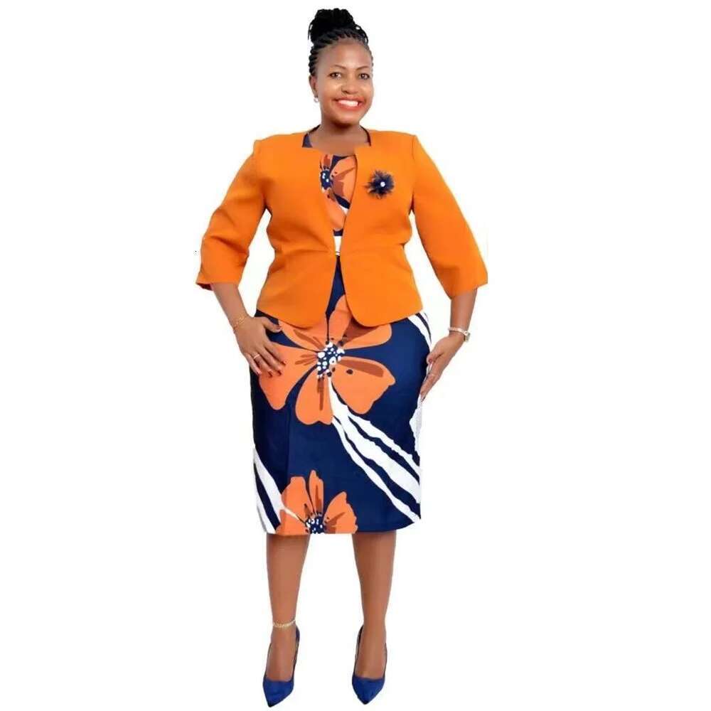 Plus Size Fashional New Arrival African Office Ladies Floral Print Coat and Dresses Suits For Eleagant Women