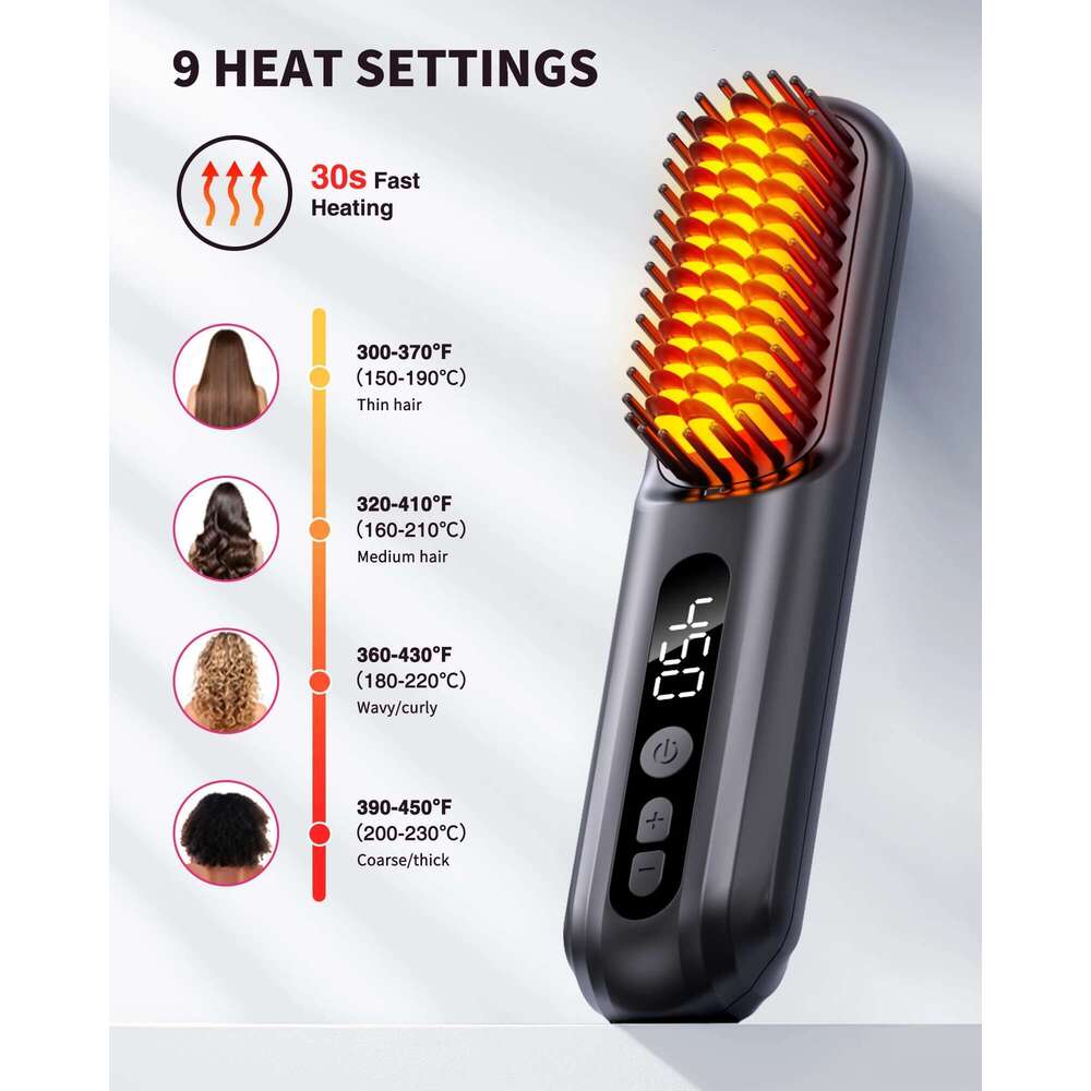 USB Charging Cordless Straightener Brush 10000mAh LED Display Negative Ions Hair Care Ceramic Electric Hot Heating Comb