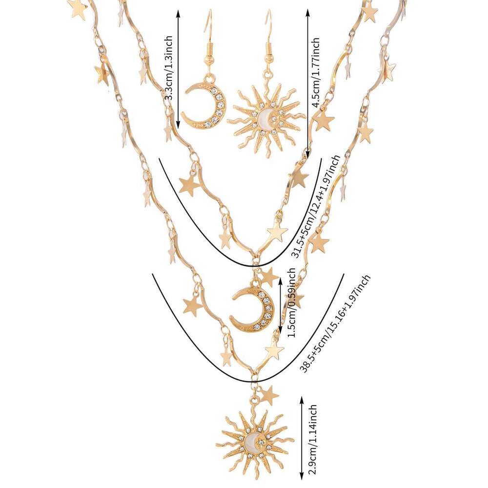 Vintage Creative Sun Moon Pendant Asymmetric Earring Stacked Necklace Stars Choker Women's Daily Dating Wedding Jewelry Set Gift