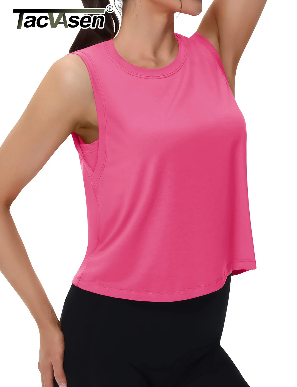 TACVASEN Womens Workout Tank Tops Crop Crew Neck Sleeveless Vest Athletic Moisture Wicking Loose Fit Summer Shirt Breathable 250515