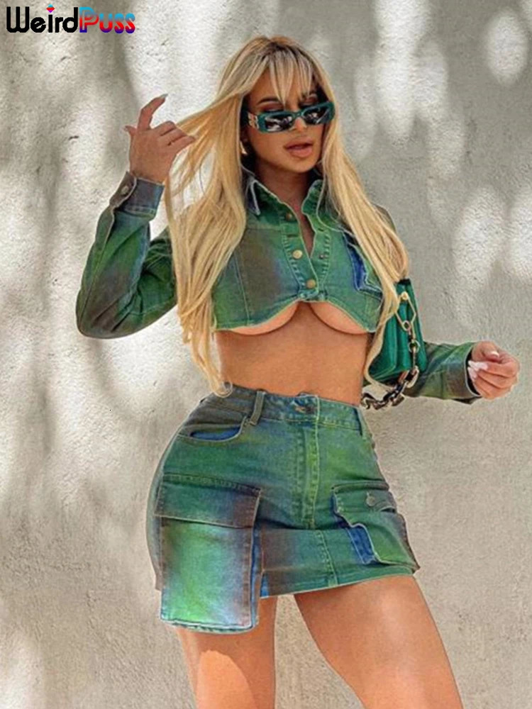 Weird Puss HandPrinted Women 2Piece Set Polo Neck SingleBreasted Crop TopsSide Pockets Mini Skirt Streetwear Matching Suits 250515