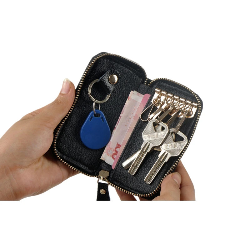 Split Leather Key Holder Bag with 2 Card Slot 6 Hooks 1 Access CardKey Case Car Key Holder Wallet for Men Women 250515