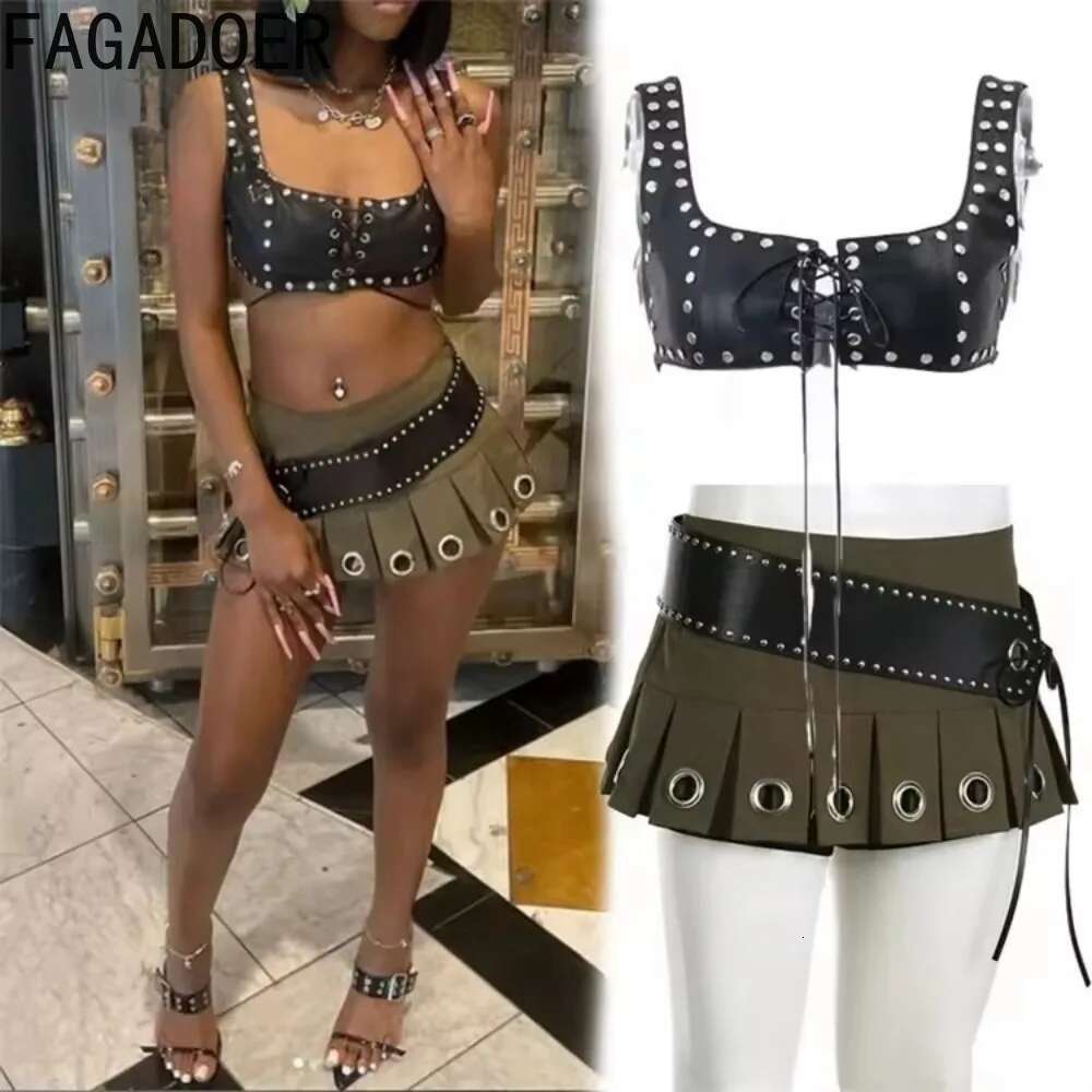 FAGADOER Punk Gothic 2 Piece Set Outfits Leather Bandage Lace-up Crop Top and Mini Pleated Skirt Suits Y2k Hot Girl Streetwear