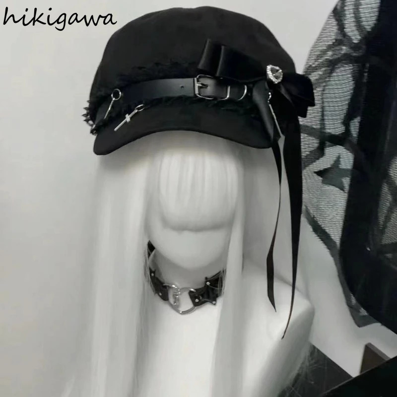 Women Harajuku Gothic Lolita Beret Hat Cap Y2K Girl Bow Punk Patchwork Lace Handmake Decorative Sun Hats 2025 Gorras Para Mujer 250514