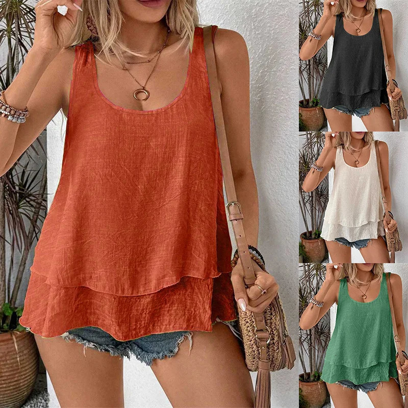 Womens Fashion Leisure Vacation Sleeveless Round Neck Double Layer Cake Swinging Vest Top 250515