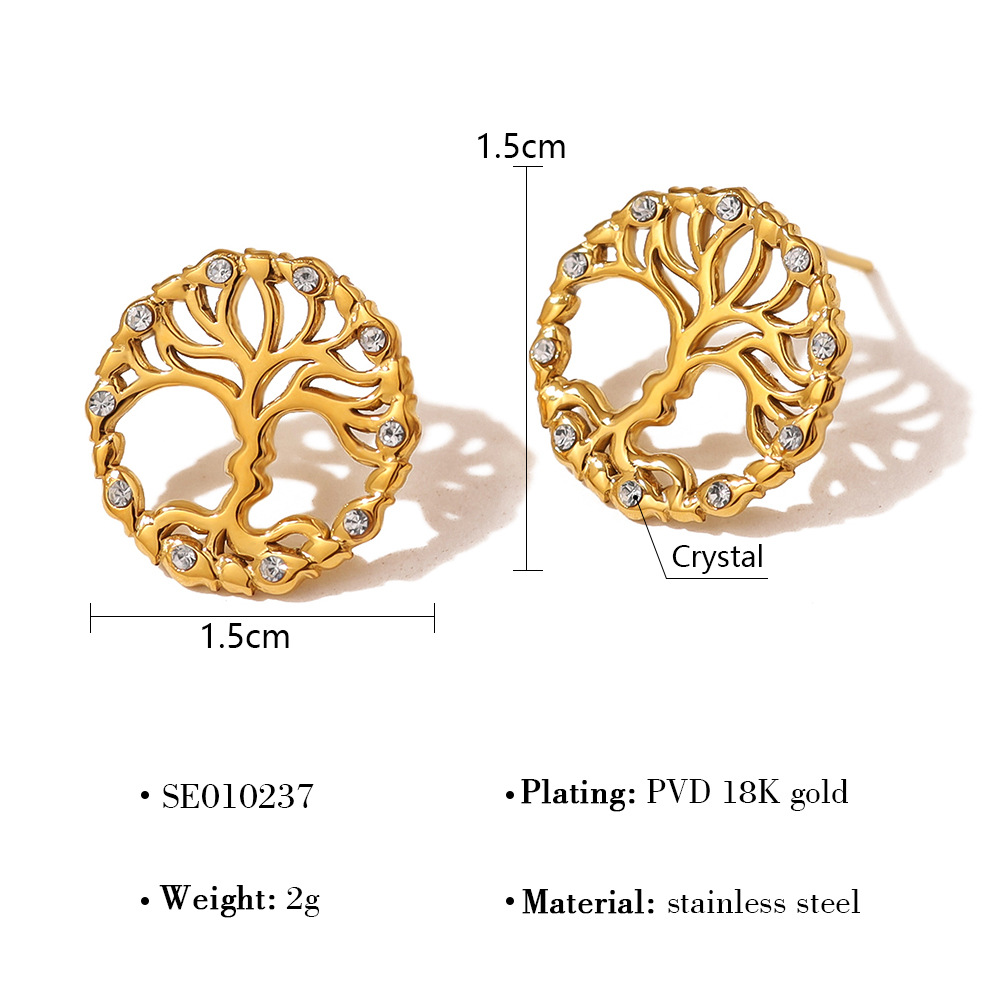 High-End PVD 18K Gold Plated Stainless Steel Hollow Tree of Life Earrings with Crystal Accents, Geometric Heart and Star Design for Women