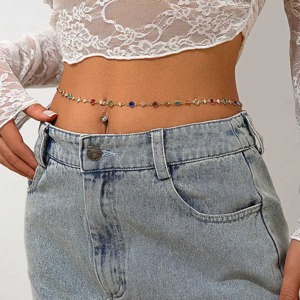 IngeSight. Z Simple Colorful Geometric Crystal Waist Belly Chain for Women 2024 Trendy Bikini Thin Belt Chain Body Jewelry Y250515