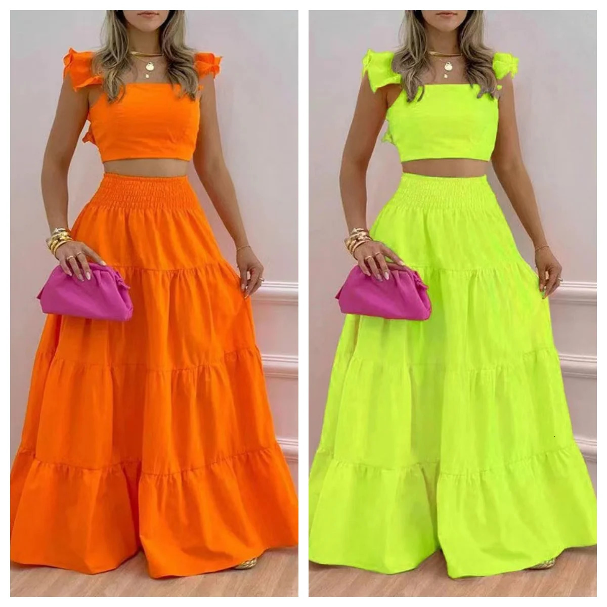 Dress Set Twopiece Womens Clothing Solid Color Sexy Suspender Large Swing Skirt Short Sleeved Square Neck Top Summer Outfits 250515
