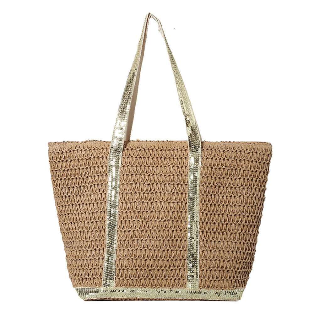 Women Boho Large Capacity Sequins Straw Tote Handbag Contrast Color Simple Shoulder Ladies Summer Daily Bag
