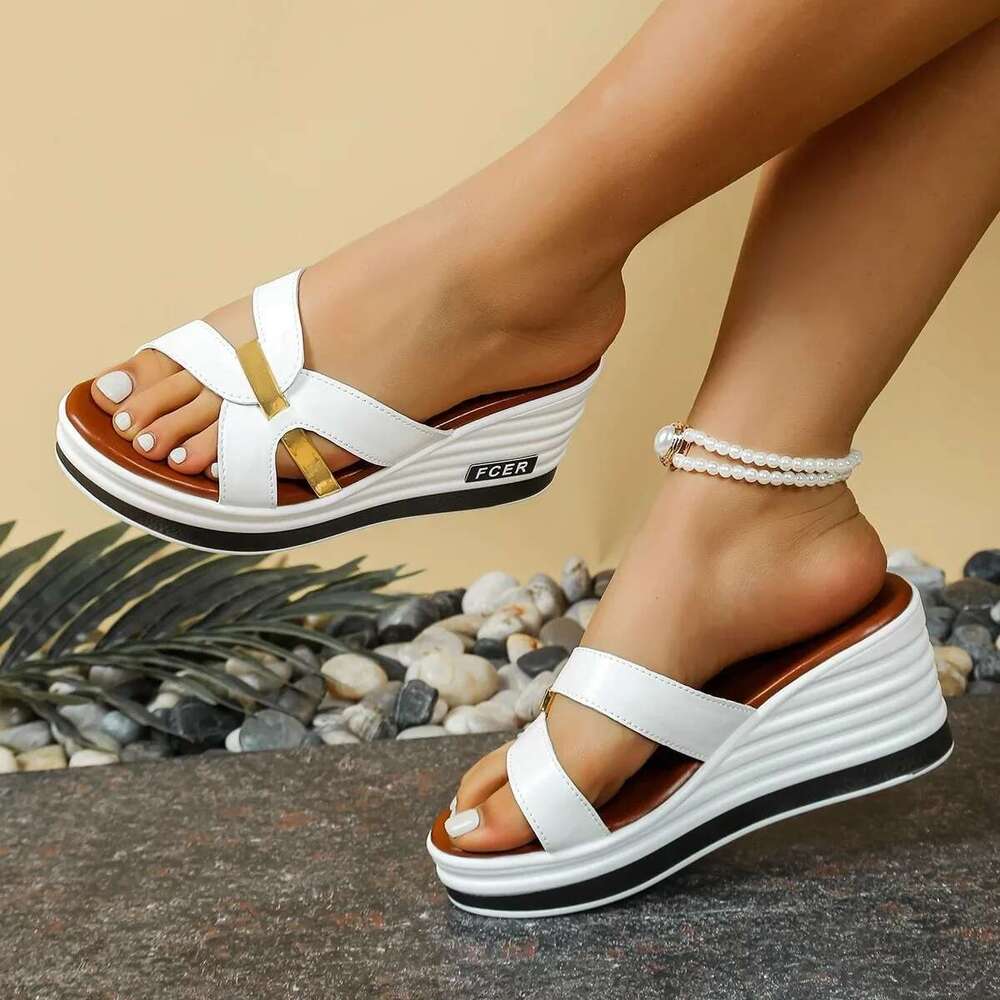 Women's Wedge Leopard Print Summer 2025 New Fashion High Heel Sandals Casual Plus Size One Line Cool Platform Slippers