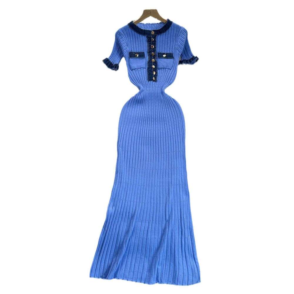 White Dress Maxi Dress Wind Contrasting Color Round Neck Metal Buckle Slim Knit Dress For Women, Elastic Tight Fitting, Hip Hugging, Woolen Dress, Lon