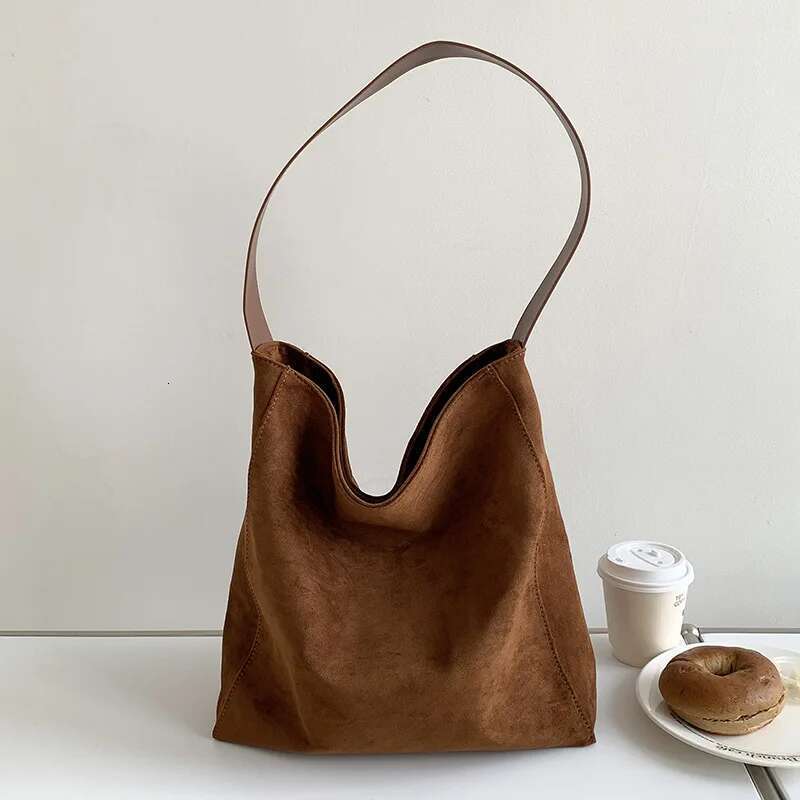 Women's Faux Suede Solid Color Versatile Handbag Large Capacity Fashion Casual Scrub Leather Shoulder Bag Minimalism Basket Tote