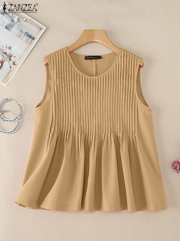 ZANZEA Summer Camis Women Solid Tanks Tops Fashion Pleated Blouse Casual Sleeveless Holiday Shirt Loose Beach Tees Oversize 250515