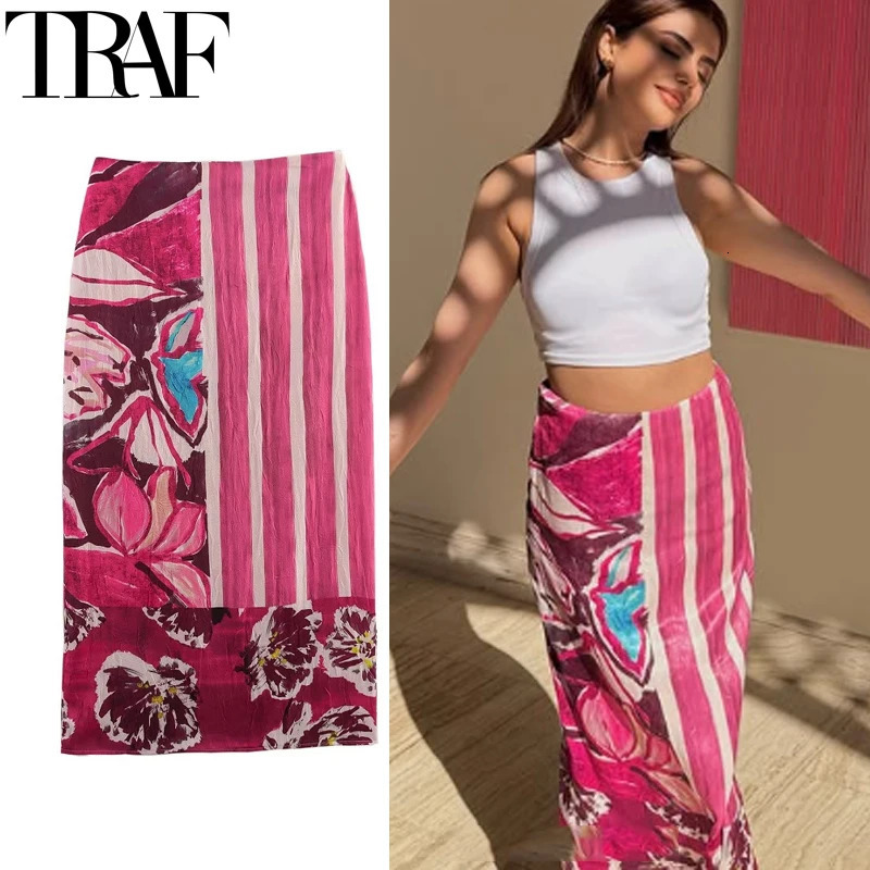 TRAF Floral Long Skirts For Women Boho Summer Print Midi Skirt Woman High Waist Satin Slit Elegant Womens 088 250515