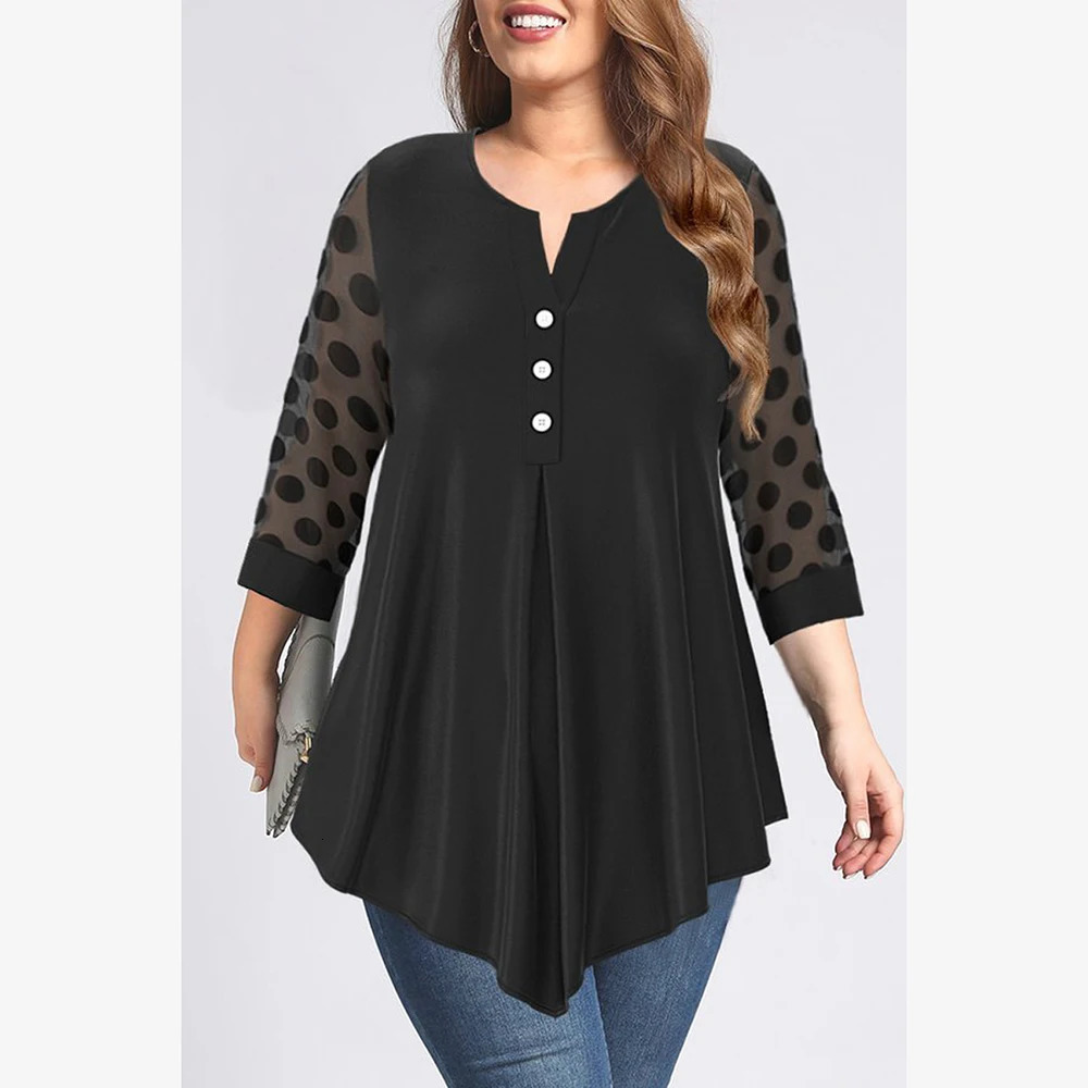 Plus Size Mesh Patchwork Women Blouse Elegant Button Round Neck Loose Female Spring Shirt Tops Dot Long Sleeve Irregular Blouses 250515