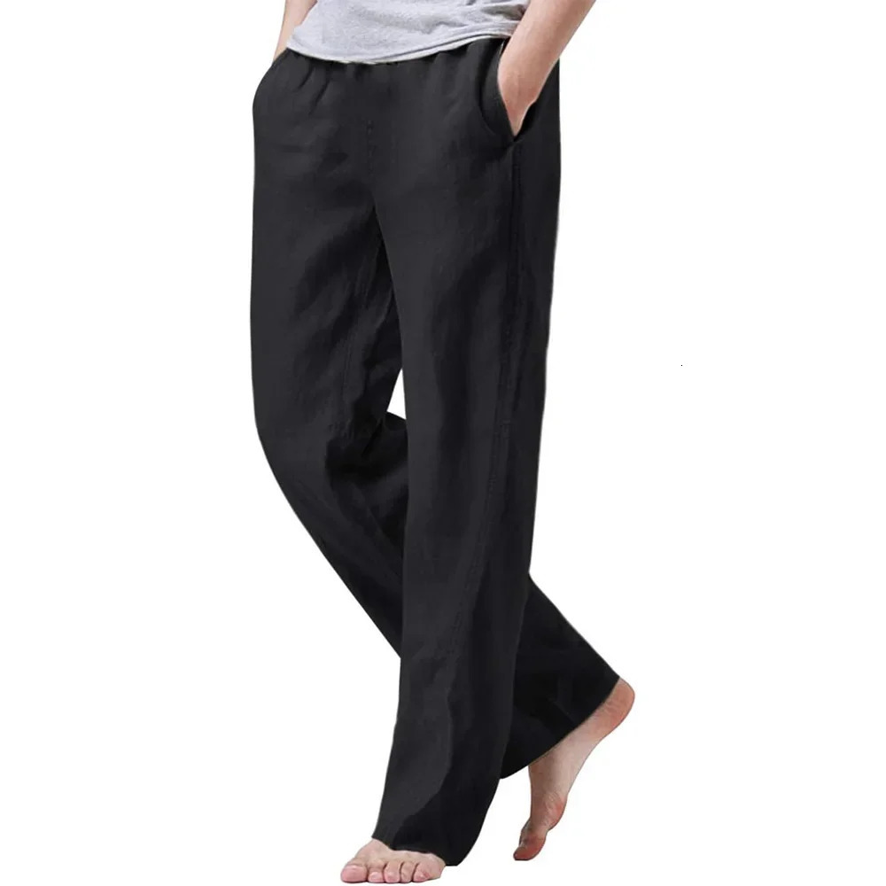 Mens Cotton Linen Breathable Drawstring Pants Elastic Waist Casual Jogger Yoga Beach Baggy Loose Trousers Sweatpants 250515