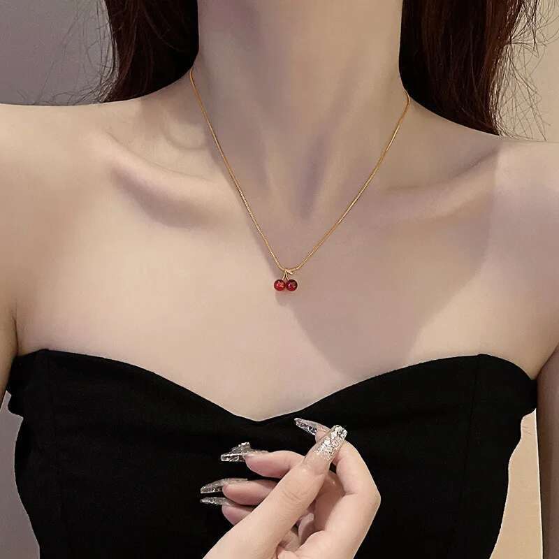 Sweet Red Cherry Pendant Necklace Dangle Stud Earrings Set Shiny Gold Chain White Rhinestone Women Trendy Jewelry