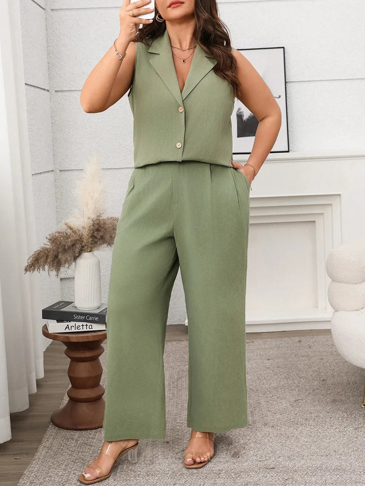GIBSIE Plus Size Two Piece Set For Women Solid Notched Neck Sleeveless Vest And Wide Leg Pants 2025 Summer Office Ladies Suit 250514